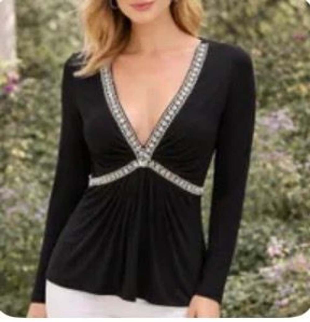 Sky Blouse Long Sleeve Black V-Neck Rhinestone Embellished Top